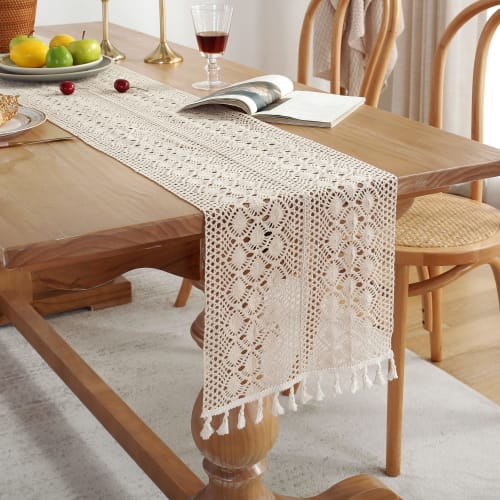ZARROUEA 3D Lace Table Runner with Fringe, Beige, American Vintage, Phoenix Tail Pattern, Crochet, 180cm (4.7 ft)
