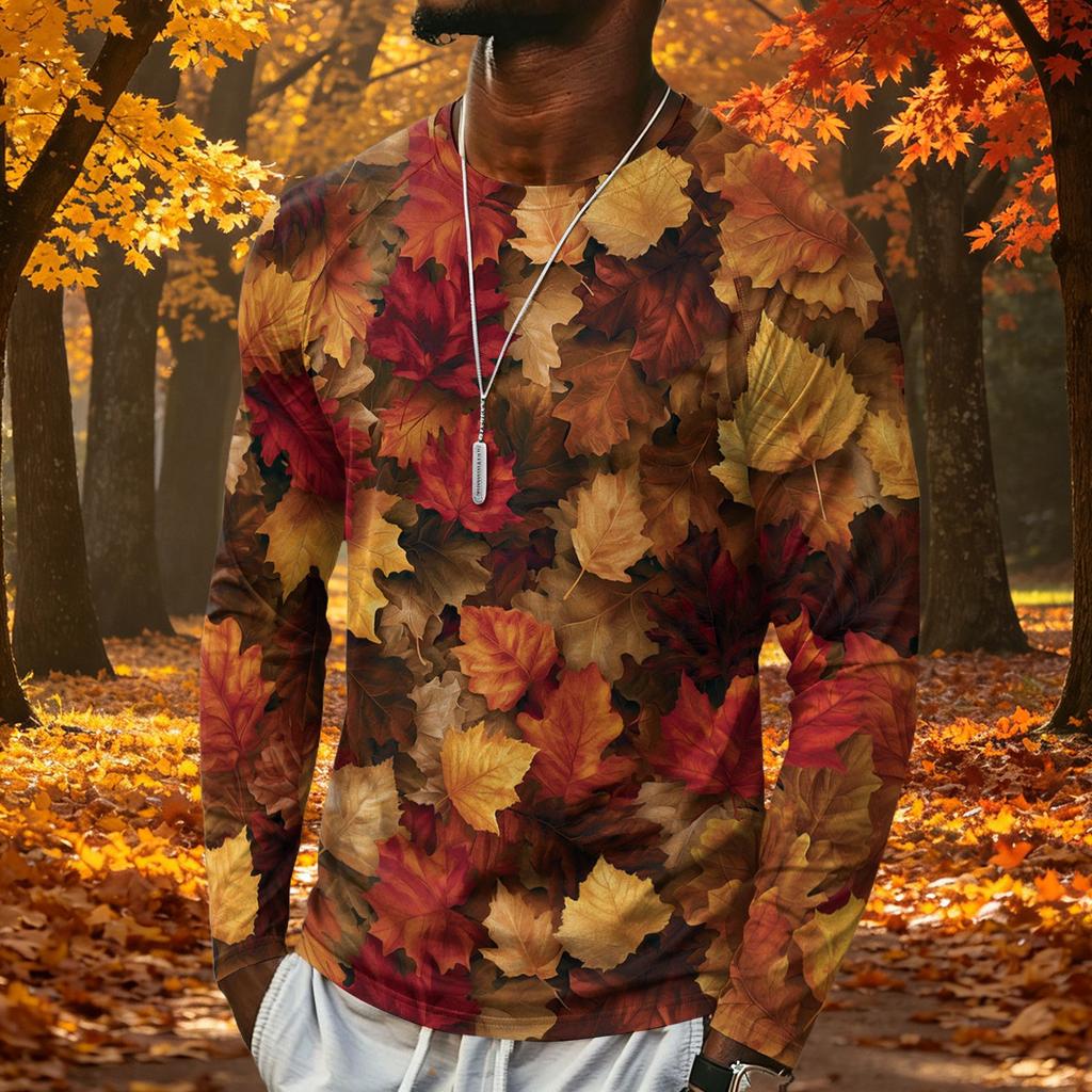T-shirt da uomo a maniche lunghe con stampa di foglie d'acero, top casual leggero girocollo per autunno e inverno