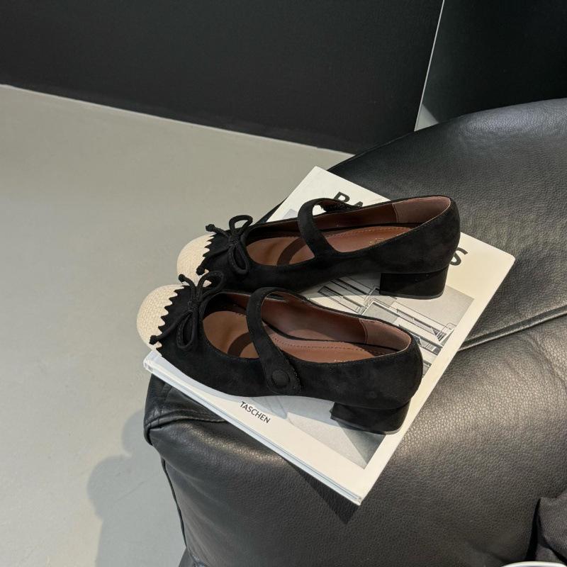 French retro color matching thick heel heightening Mary Jane shoes women s spring and autumn low heel one-word buckle with bow single shoes women 35