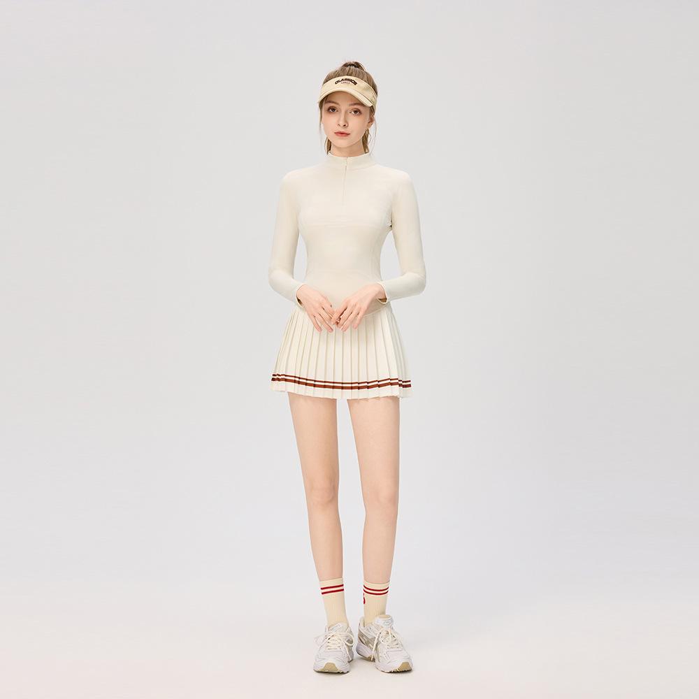Women's Slim Fit College Style Tennis Set: Long Sleeve Top & Striped Pleated Skirt