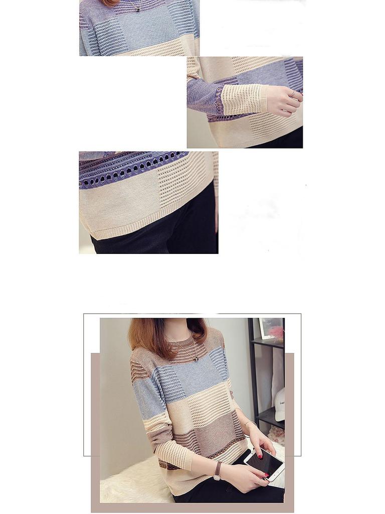 Women's Color Block Knitted Pullover: Spring & Autumn Loose Striped Long Sleeve Sweater with Hollow Thin Cardigan Design
