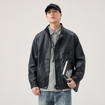 Vintage Jednokolorowa Wszechstronna Kurtka ze Skóry PU Męska Luźna Duży Rozmiar Stójka Kurtka Motocyklowa ze Skóry Kurtka Codzienna