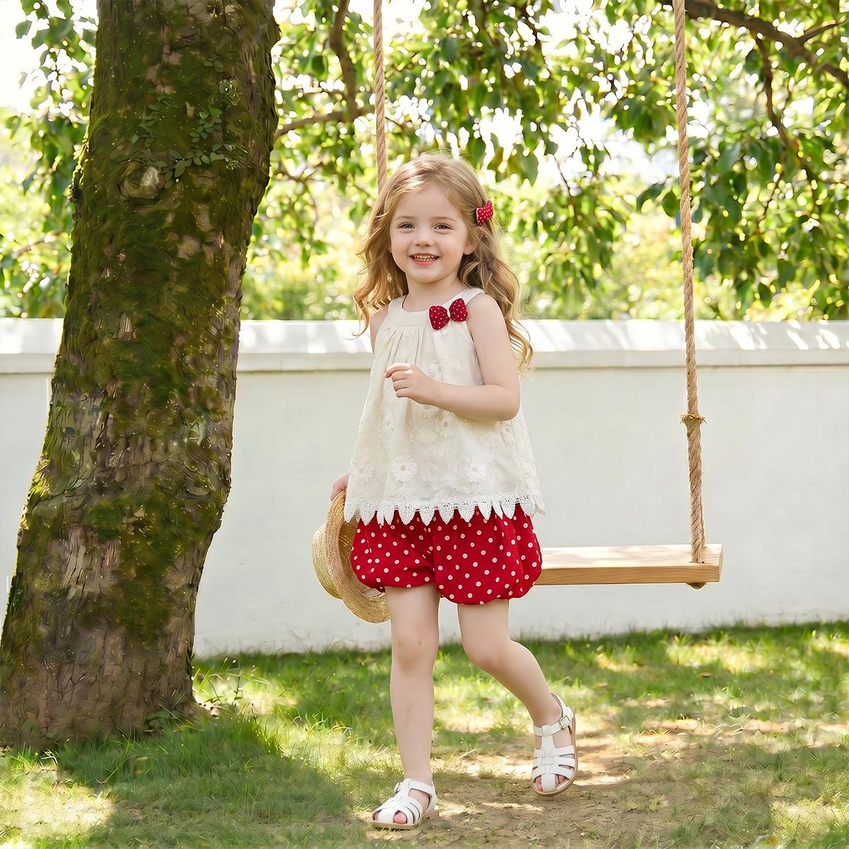 Korean Style Girls  Summer Set: Embroidered Top & Polka Dot Ruffle Shorts 100