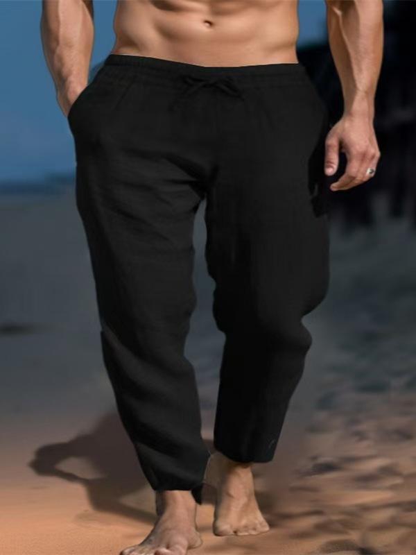 European and American New Men's Solid Color Drawstring Cotton and Linen Loose Casual Beach Casual Pants