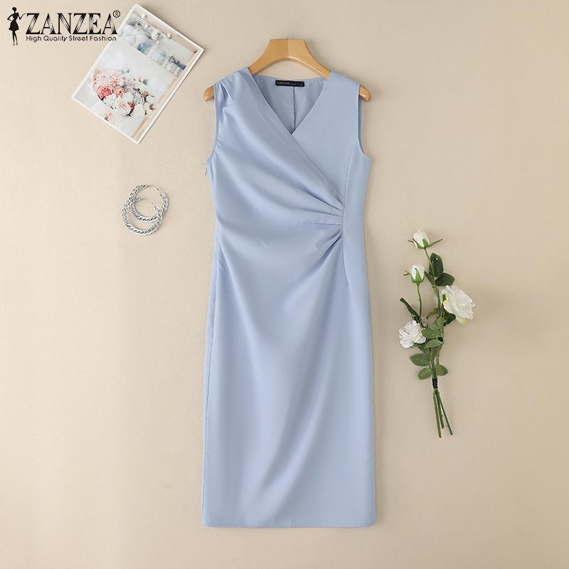 ZANZEA Vestido de Vaina Casual de Verano sin Mangas con Cuello en V para Mujer
