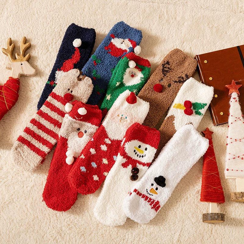 Japanese Christmas Cartoon Socks: Cozy Coral Fleece with 3D Embroidery for Women