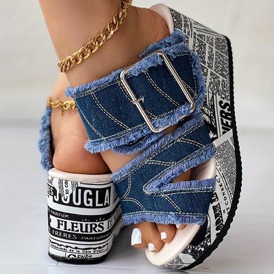Summer Denim Open-Toe 1 Pair Trendy Wedge Sandals - Crisscross Strap Design, Adjustable Buckle Closure, Frayed Edges - Casual Sandals for Summer