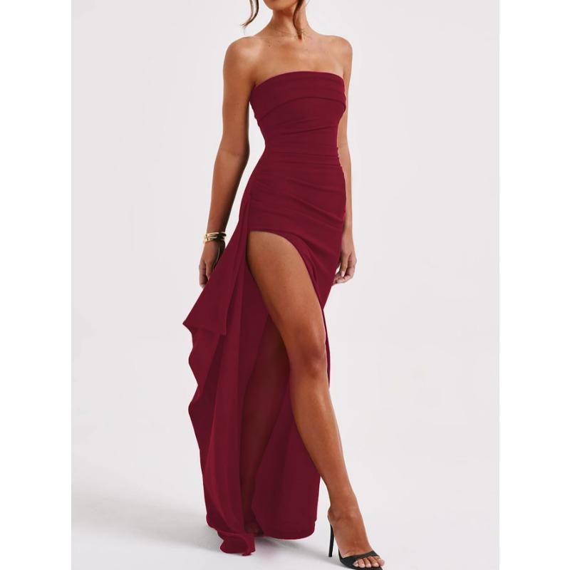 New Elegant Off Shoulder Strapless Evening Gown Dress Spring Summer Solid Color Tube Top Tight Waist High Split Party Long Dresses Simple Clothing