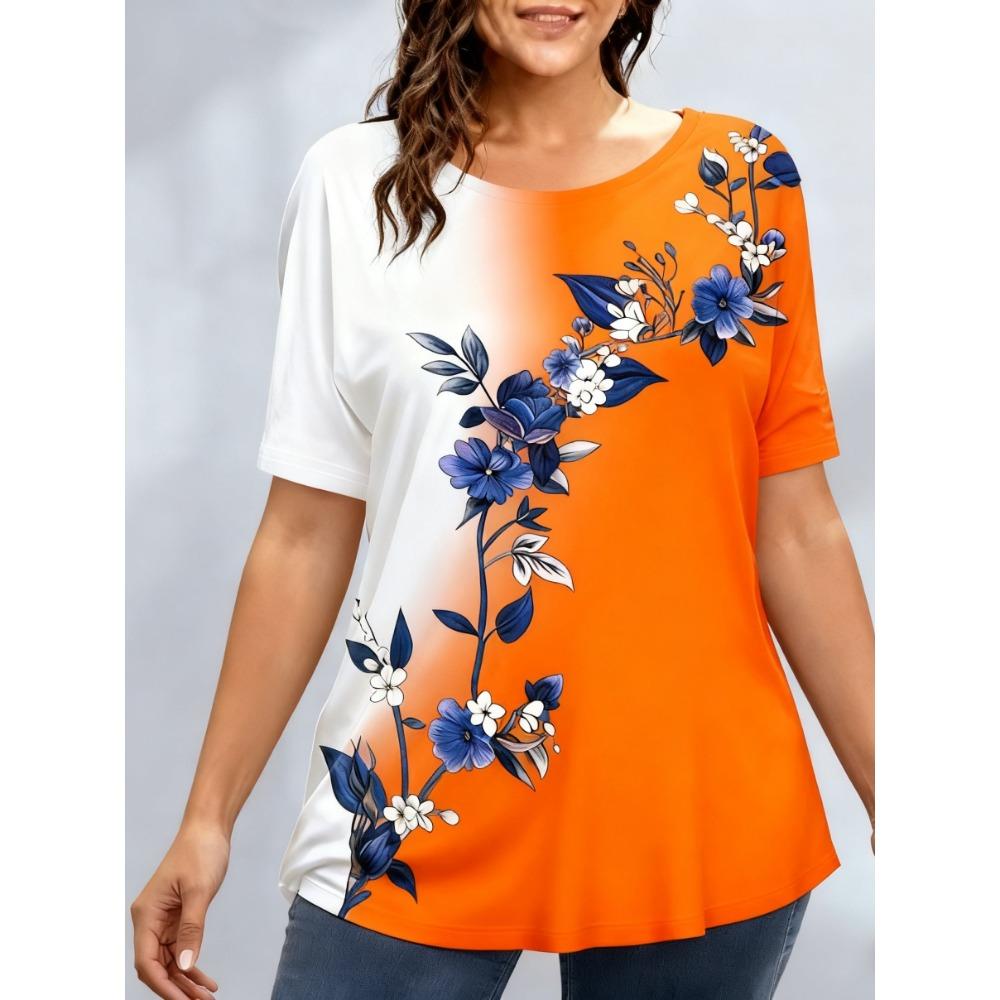 Tricouri de damă mărime mare XL-7XL Tricou de damă cu gât rotund, la modă, cu patchwork floral și imprimeu colorat, cu mânecă scurtă