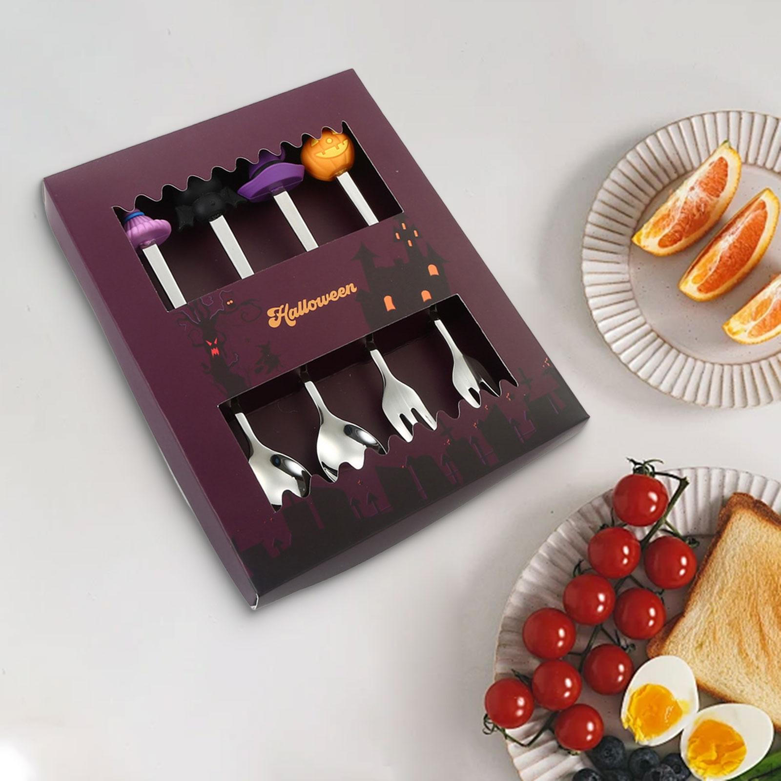 

Подарочная коробка Набор ложек и вилок на Хэллоуин Портативный Креативный DIY Принадлежности для вечеринки Перемешивающие приборы для чая Silver with 4pcs