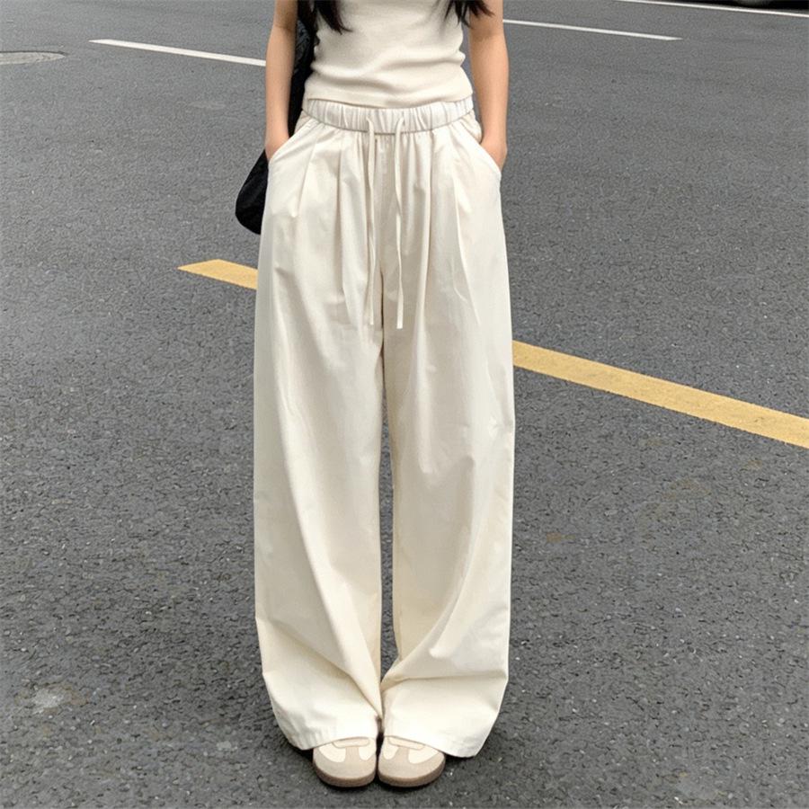 Women's Summer Yamo Wide-Leg White Pants: Casual, Loose-Fit, Milk Puff Texture