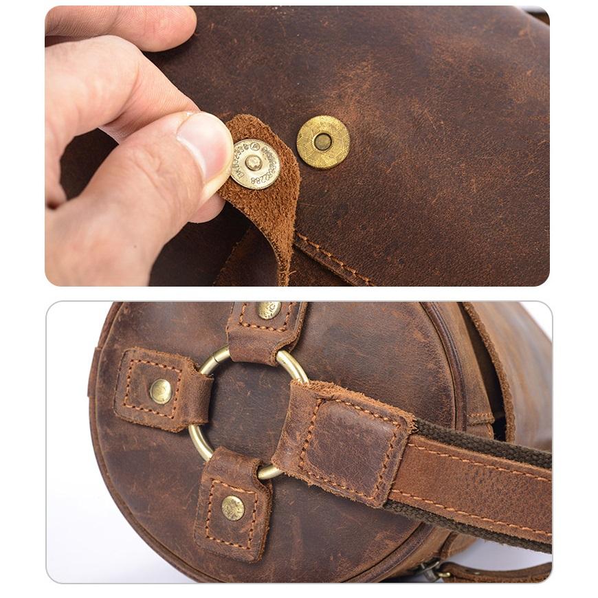 Borsa a tracolla da uomo in pelle Crazy Horse a forma di barile Borsa a tracolla cilindrica retrò per moto