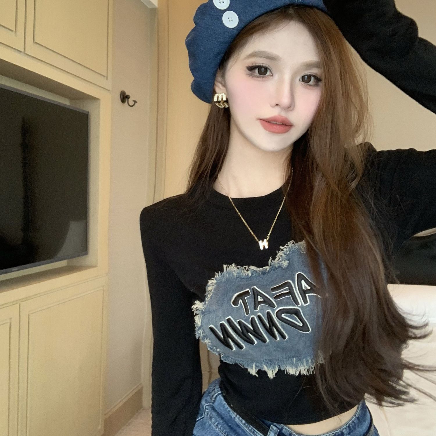 

Черные футболки для женщин, футболки с длинным рукавом, топы с напечатанными буквами для девочек, футболки Y2K XL чёрный