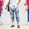 Women Plus Size Loose Straight Leg Printed Long Pants Blue White Beige With Pockets