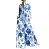Women Stand Collar Long Sleeve Floral Print Waist Defined Vintage Casual Holiday Maxi Dress with Button Front and Pockets