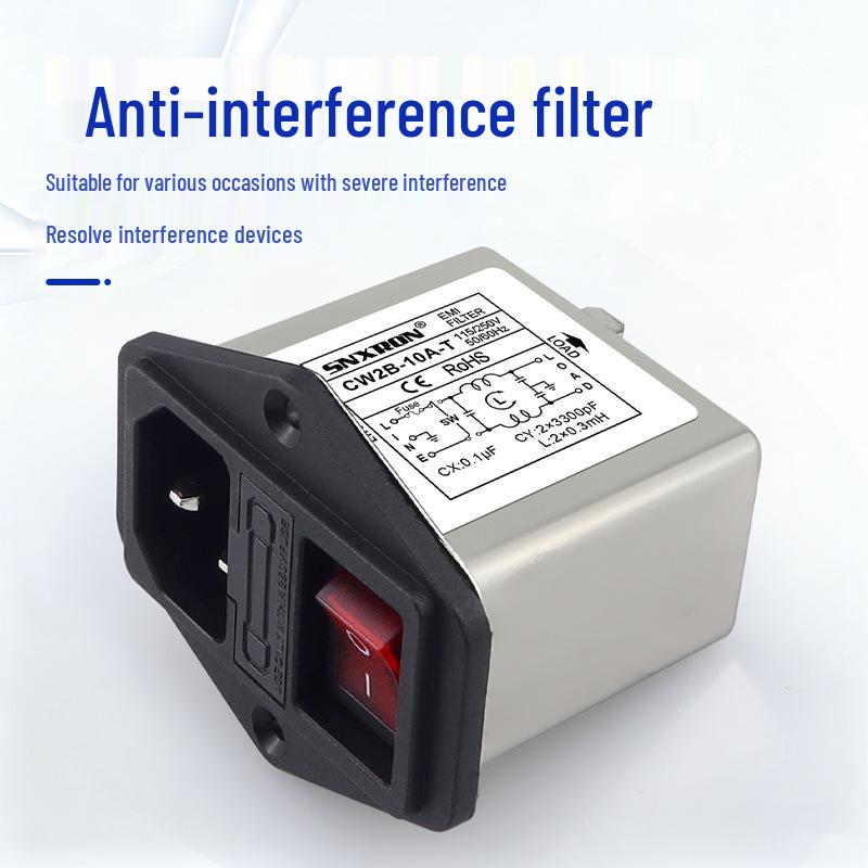 Power Outlet Filter CW2B 10A/6A/3A with Red/Green/Black Switch, 220V AC, IEC Fuse, 3-in-1