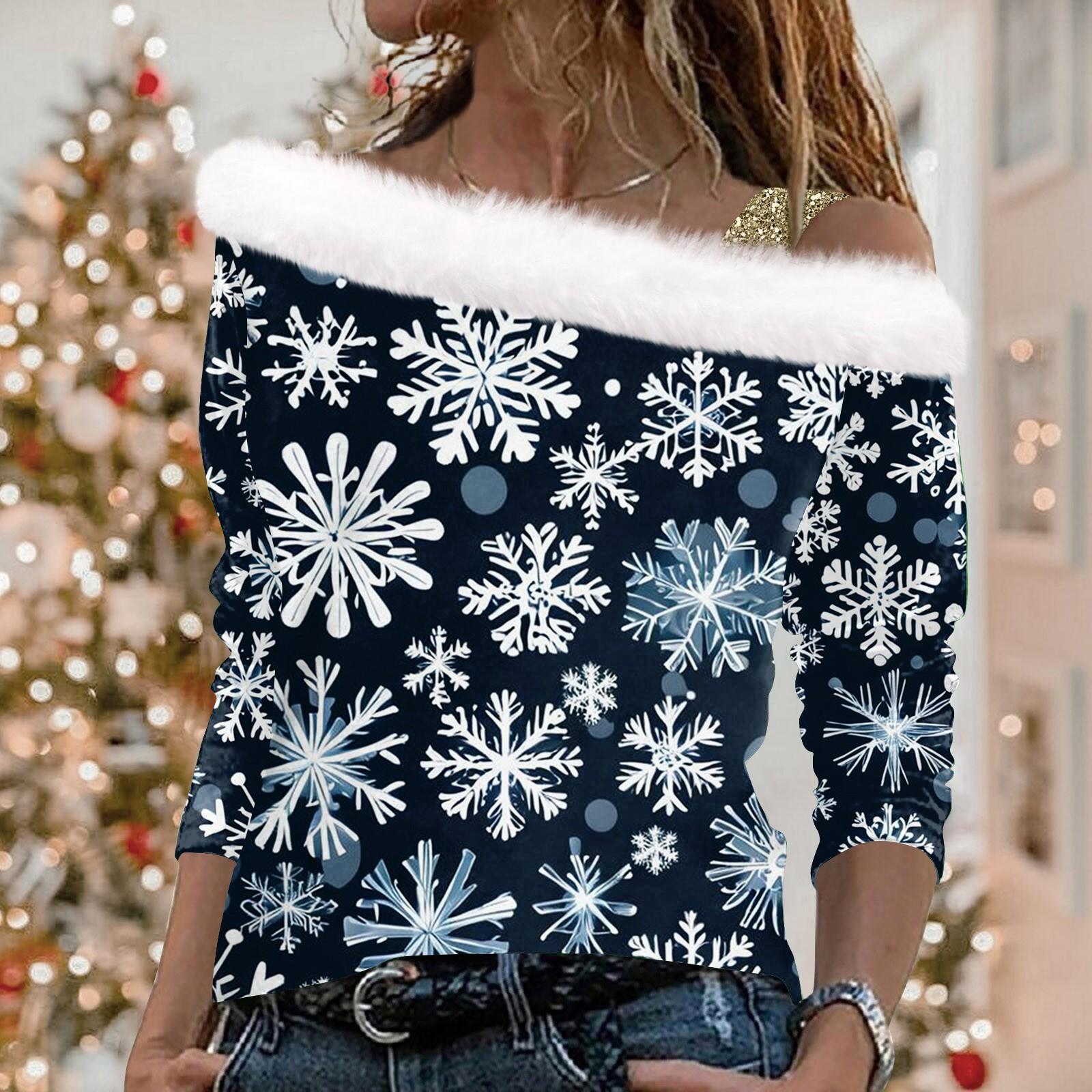 

Женский повседневный свободный топ с длинными рукавами и рождественским принтом из плюша XXL тёмно-синий