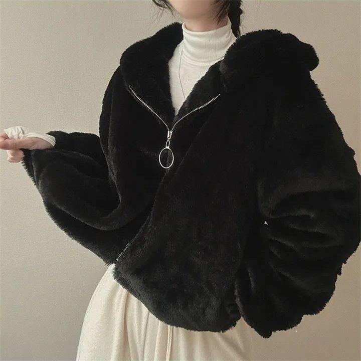 Hooded lamb wool imitation fur loose coat new autumn and winter fleece thickened sweater cardigan zipper warm