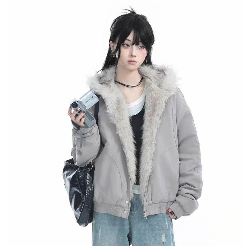 Winter Elegant Liner Fur Loose Coat Women Y2k Fur Collar Hood Thick Fashion Parkas Casual Outerwear Cotton Padded Jackets