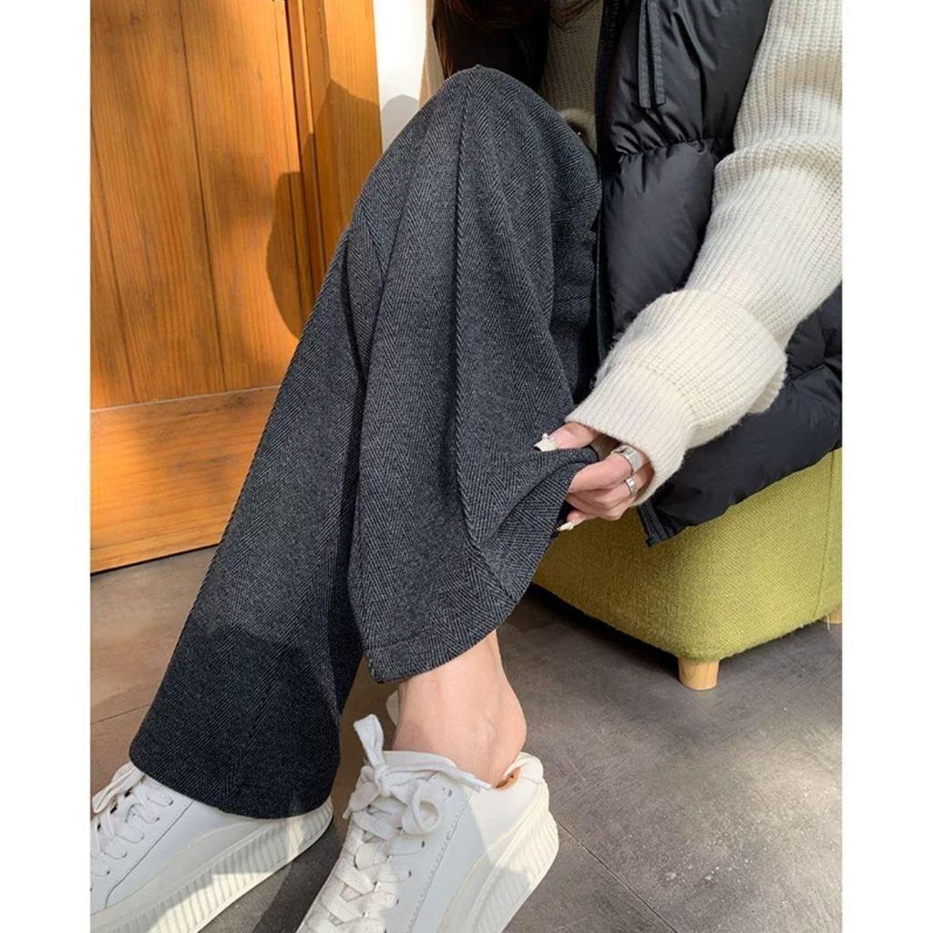 Women's Gray Herringbone Wool Pants, Autumn Winter, Plus Velvet, Narrow Wide-Leg Style, 2025.