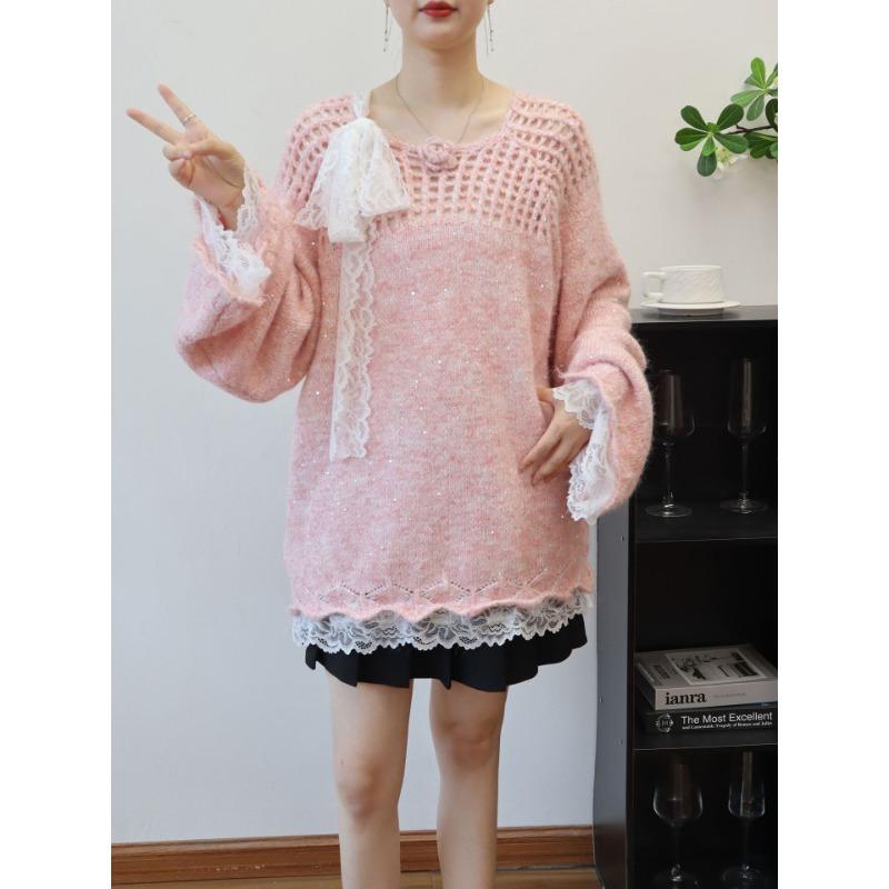 

Осень и зима новый полый сращенный кружевной свитер с пайетками вязаный топ свободный средней длины пуловер свитер женский one size fits all розовый