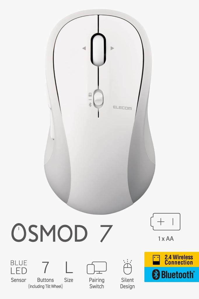 ELECOM OSMOD Seven 7 Wireless to 2 7 Tilt White Mouse, Quiet, Bluetooth, 2.4GHz, Multi-Pairing (up Devices), Buttons, Wheel, Large, (M-MY40MBSWH-G)