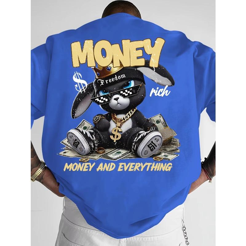 MONEY AND EVERYTHING T-Shirt – Black Oversized Short Sleeve Tee, Rich Bunny Rabbit Graphic with Crown & Dollar, Hip Hop Streetwear