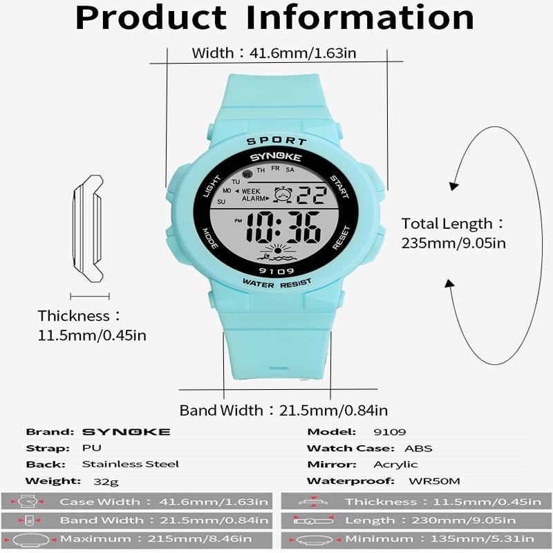 Synoke 50M Waterproof Led Chronograph Watches Fashion Colorful Light Soft PU Strap Women's Digital Sport's Wristwatch