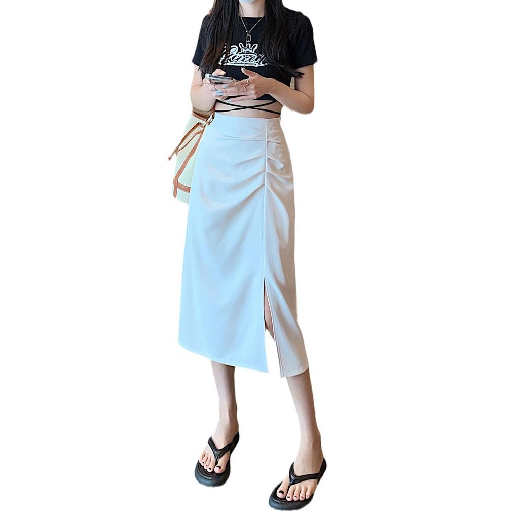 Women's High Waist Pleated Midi Skirt - Early Autumn 2024 Slimming Hip-Hugging A-Line with Slit