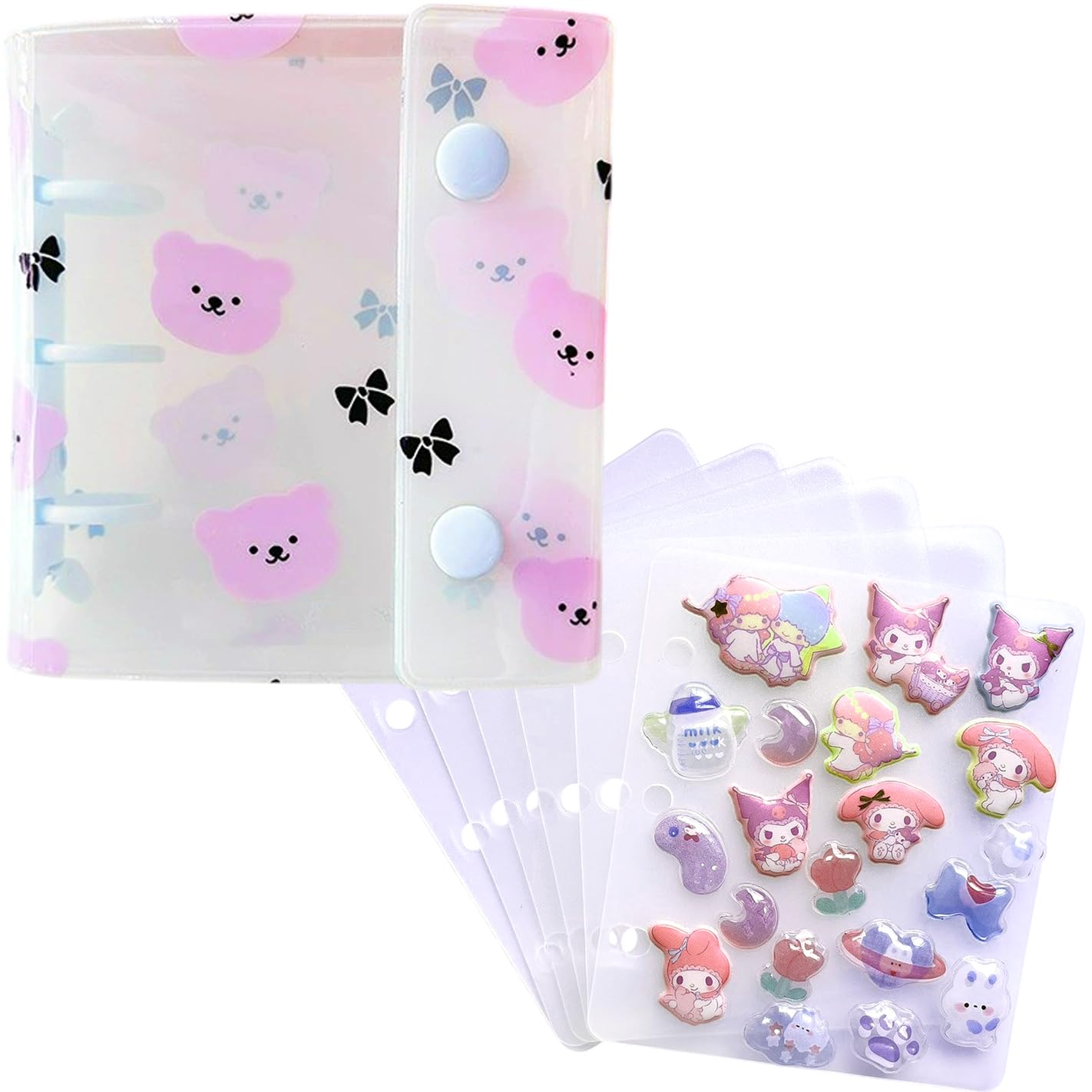 

Книга со стикерами с 6 съемными специальными листами [Все 4 цвета], Формат A8, помещается в маленькие сумки, Дизайн с лентой в виде медведя фиолетовый