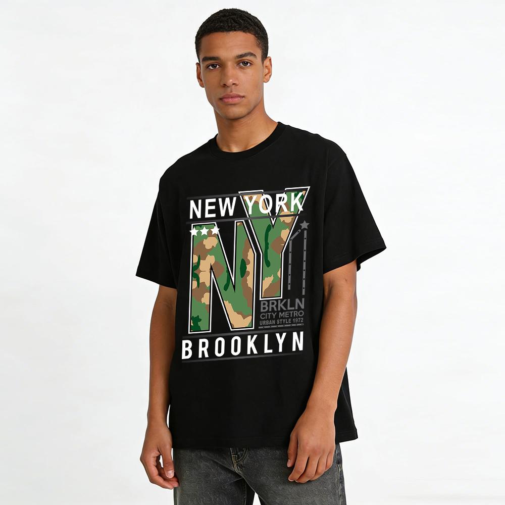 NY Camouflage Print Lässiges T-Shirt Urban Retro Trendiges Vielseitiges Oberteil Reines Baumwoll-T-Shirt