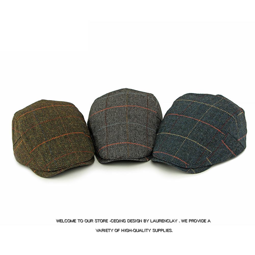 Autumn Winter Men's Hat Middle-Aged Wool Forward Cap British Vintage Beret Plaid Peaked Cap