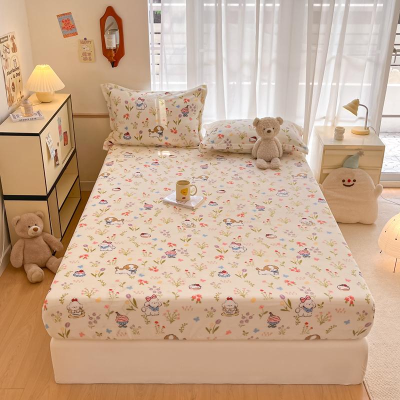 Cute Cartoon Bear Pattern Flannel Fitted Sheet Set Warm Breathable Super Soft Deep Pockets Mattress Cover for Kids Boys Girls