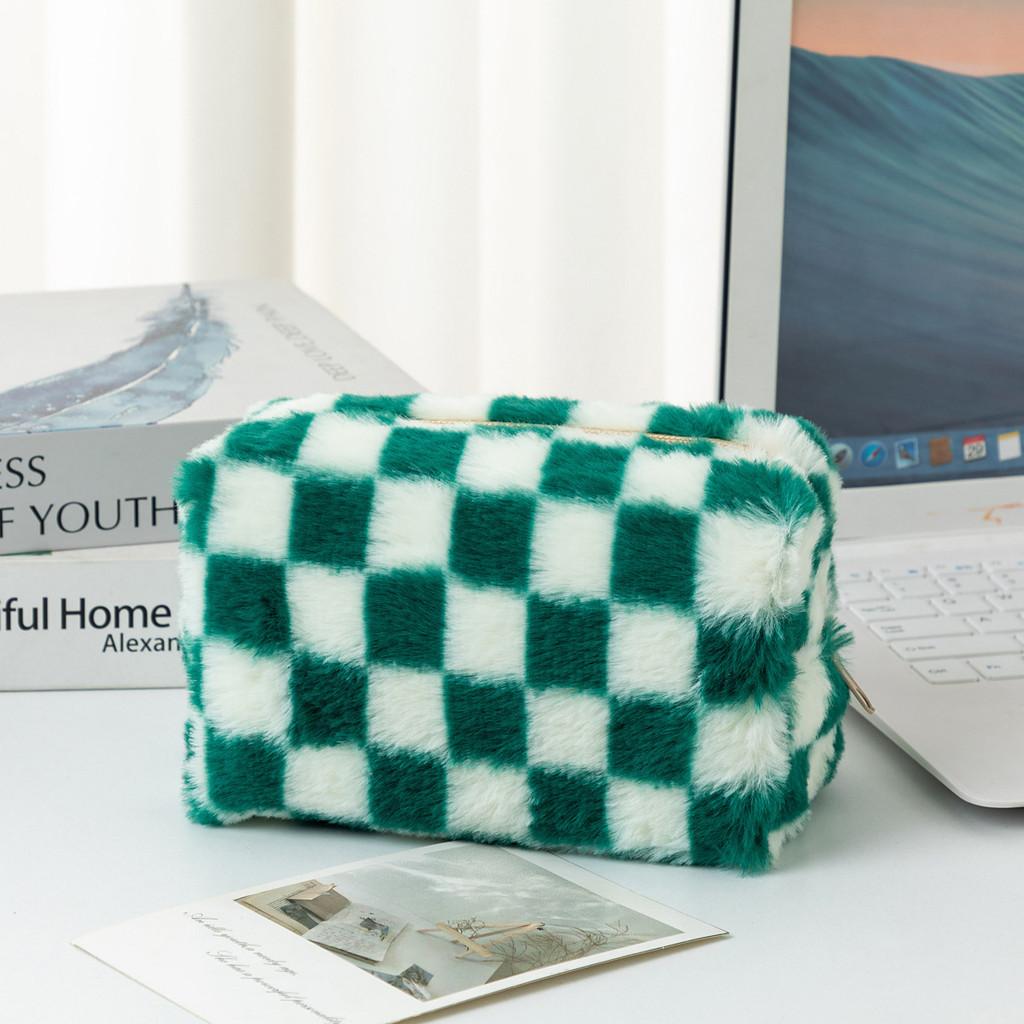 Plush Checkered Pencil Case With Breathable Fabric For Students And Daily Use