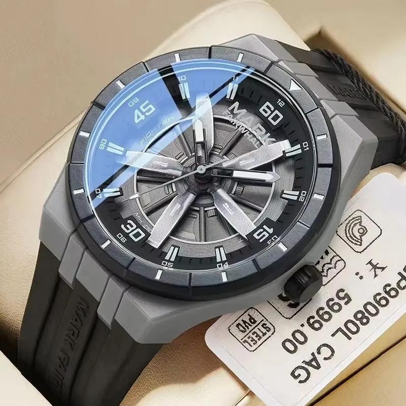 Mark Fairwhale New Fashion Rotating Propeller Dial Quartz Watches for Men Silicone Strap Luminous Waterproof Sports Mens Watches