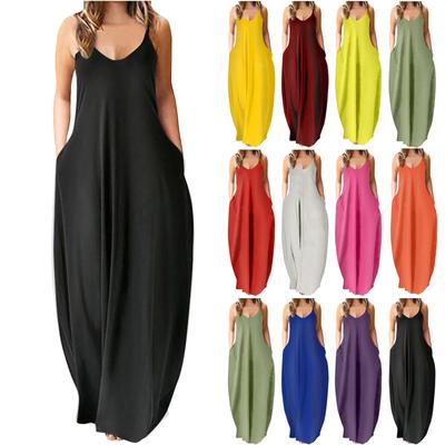 Women's Sleeveless Loose Plain Maxi Dresses Casual Cami Long Dress With Pockets