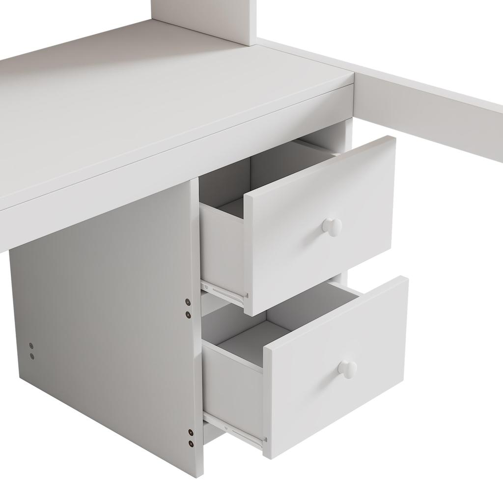 Hochbett 90x200cm Kinderbett Schreibtisch Schubladen Lagerregal Einzelbettgestell Lattenrost Geländer Treppe Jugend Erwachsene Schlafsaal Weiß