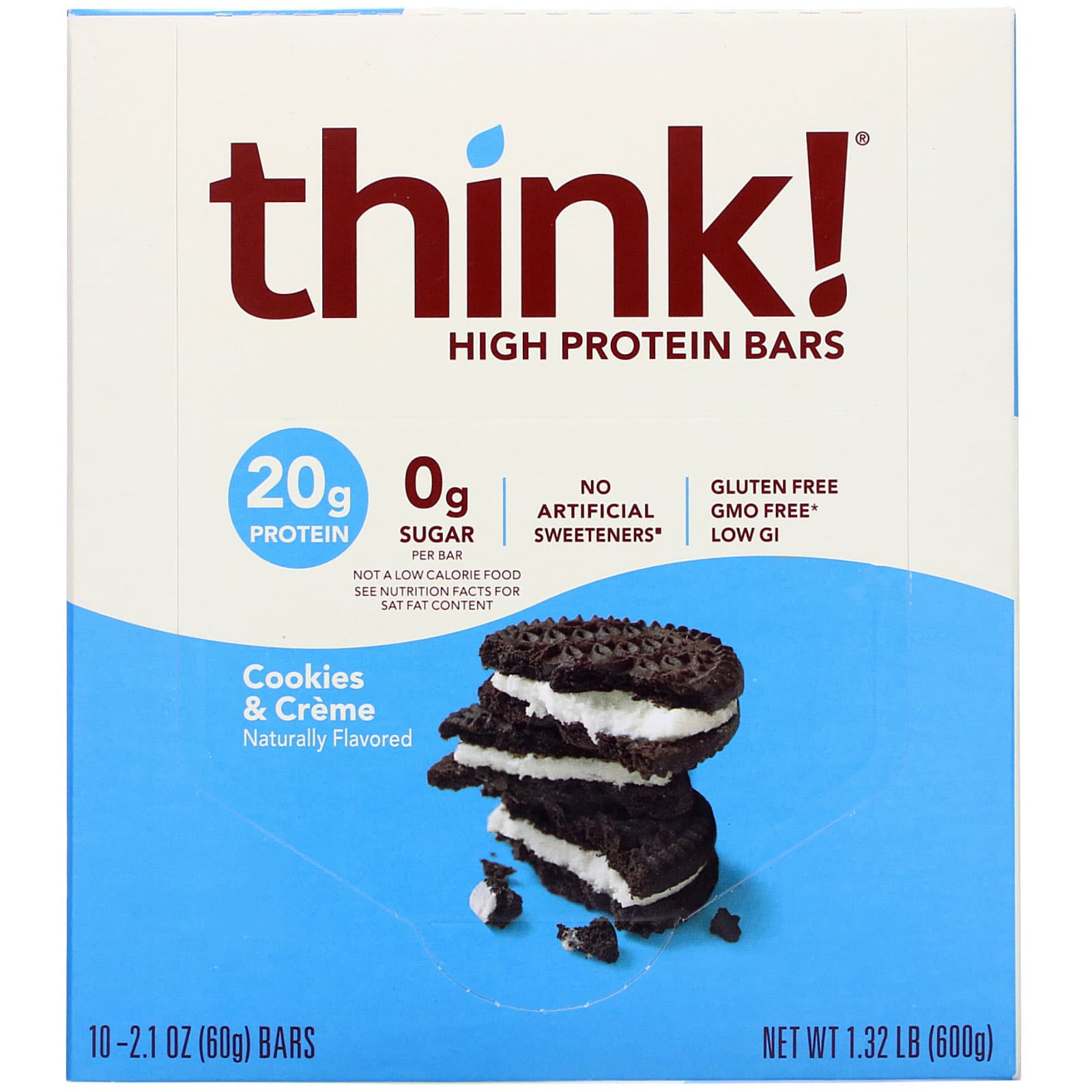 

Think!, High Protein Bar, Cookies & Cream, 10 bars, 60 g (2.1 oz) each