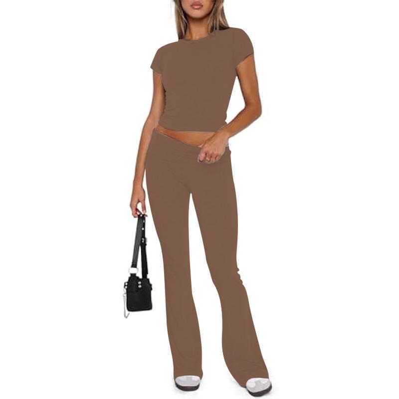 Damen Freizeit Zweiteiler Set Langarm Rundhals Crop Top Hohe Taille Schlaghosen Gestrickt Einfarbig Loungewear Passendes Outfit Set
