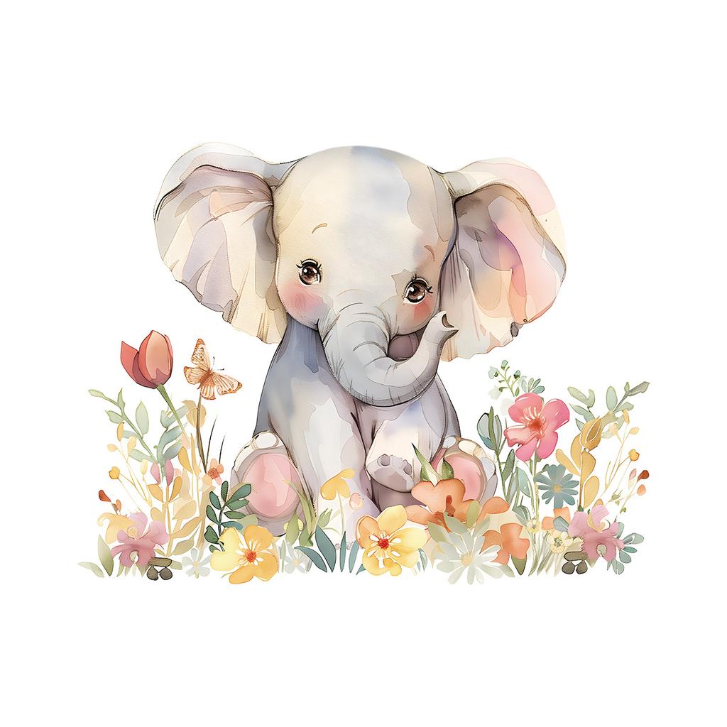 Cute Watercolor Baby Elephant with Flowers Wall Stickers, Ins Style Self-Adhesive Decor for Kids Room Wall Decoration