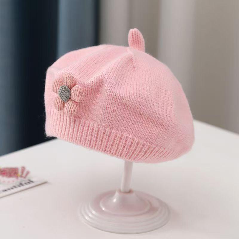 Baby Girls Autumn Winter Hat Cute Flower Beret Toddler Knitted Artist Hat Kids Woolen Cap For Newborn 6-12 Months Home Outdoor