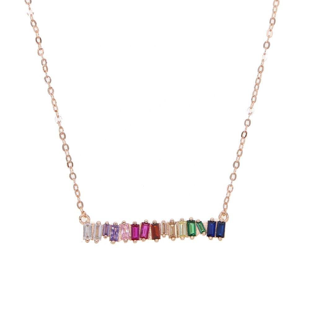 Gold Plated rainbow Rectangle Cubic Zirconia Cz Stick bar Pendant Fashion European Colorful Cz Geometric Necklace