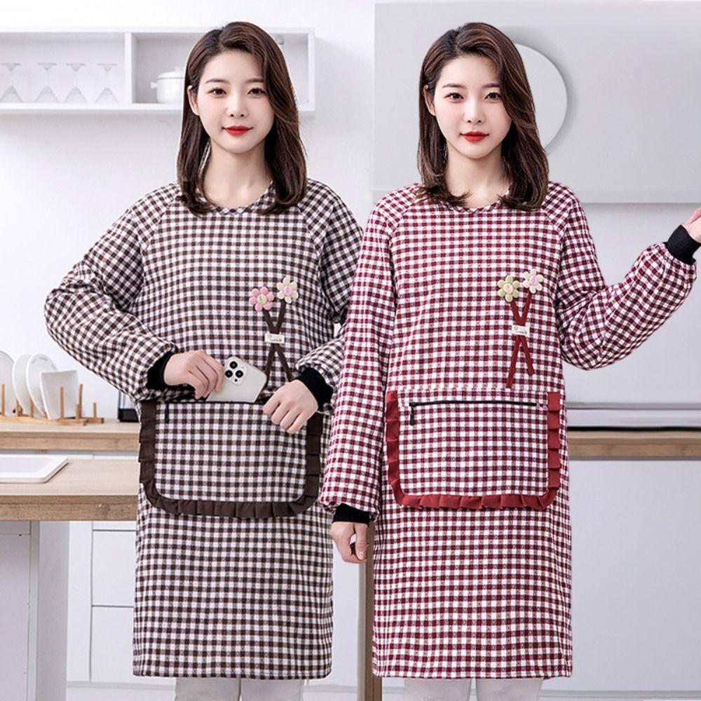 Dirt-resistant Women Long-sleeved Apron Breathable Kitchen Cooking Apron for Catering Work