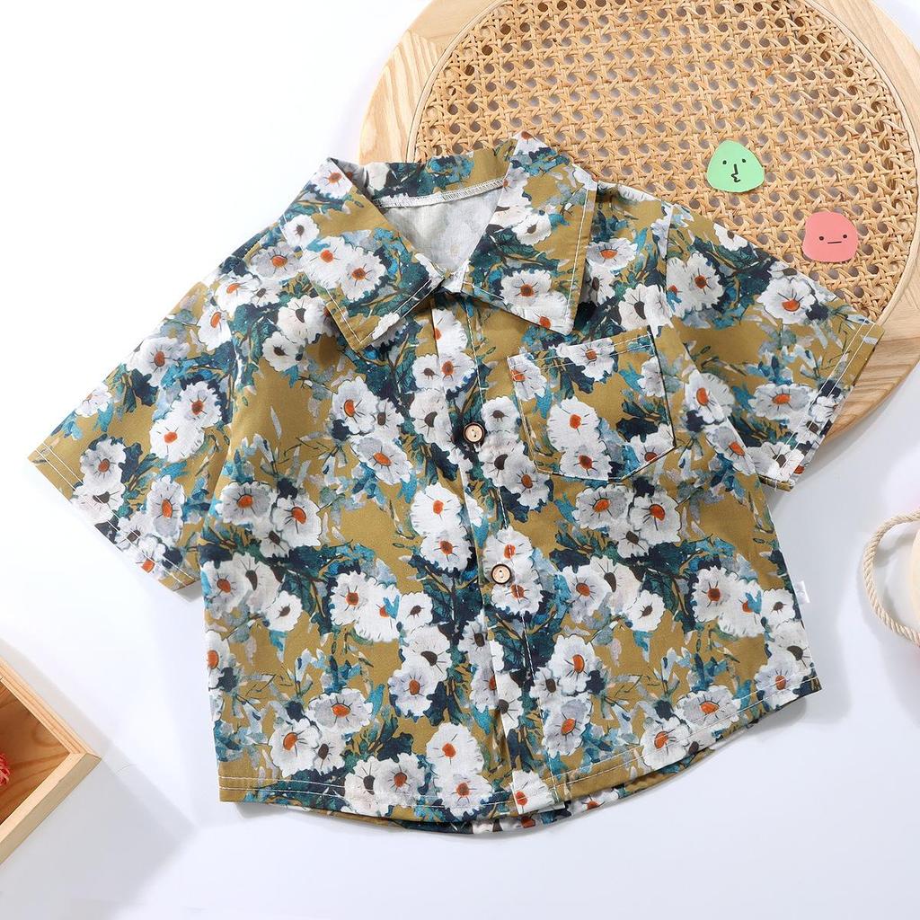 2026 Summer Short Sleeve Shirts for Boys and Girls Baby Spring Lapel Cartoon Top for Children Floral Shirt