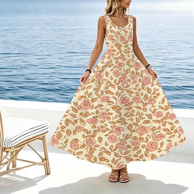 Women's Fresh Floral Sleeveless Maxi Dress,Lightweight Flowy,Versatile for Beach Vacation Daily Casual Wear