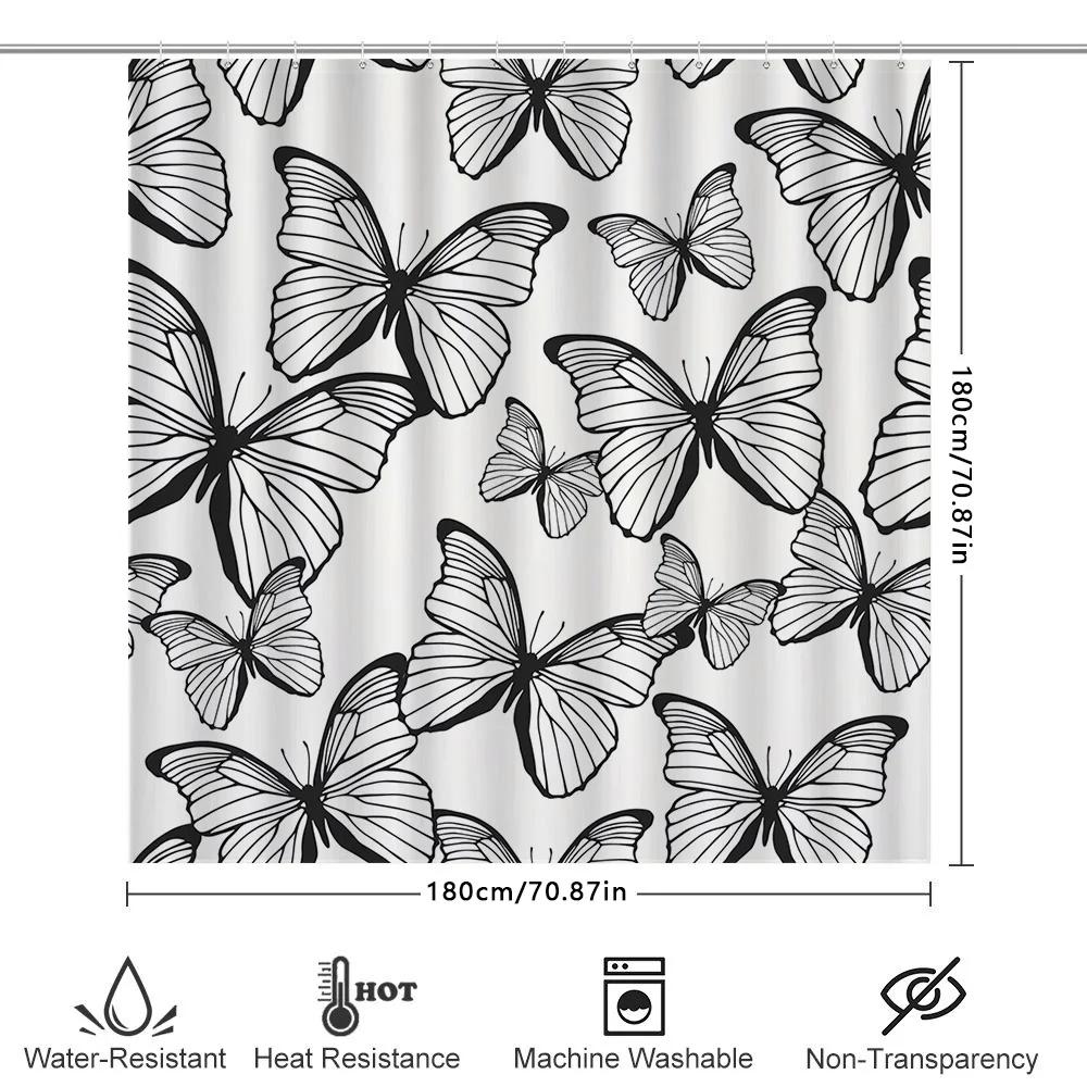 Black White Butterfly Printed Waterproof Shower Curtain Set For Bathroom Decor Home Textiles
