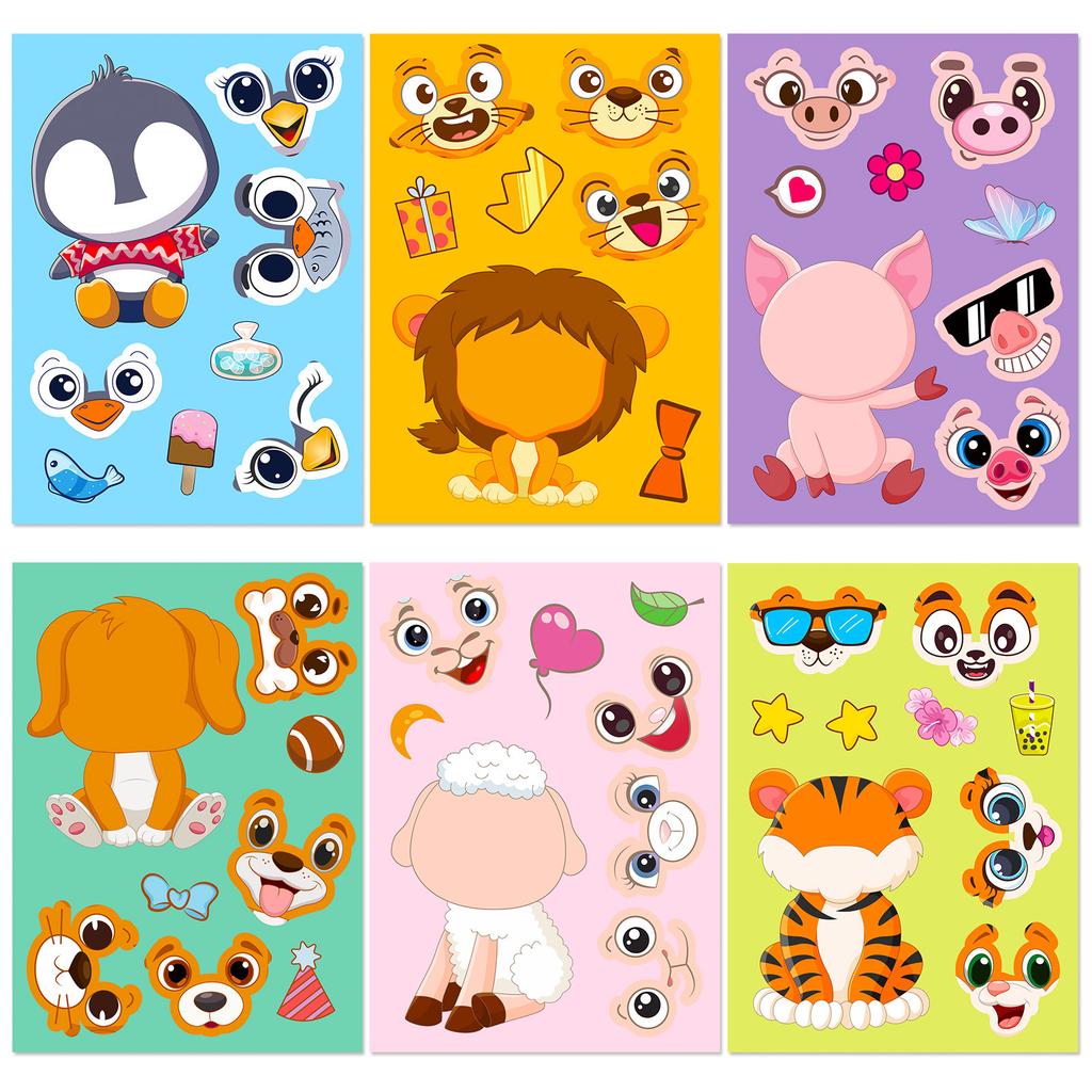 Non-Toxic 6 Sheets Face Kids Cartoon Animal Stickers Set Make-A- Decals For Notebook Phone Laptop Stationery Decoration