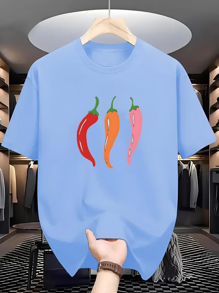 Unisex Navy Blue Crew Neck Tee Three Colorful Red Orange Pink Chili Pepper Simple Cartoon Vegetable Minimal Casual Cotton Tops