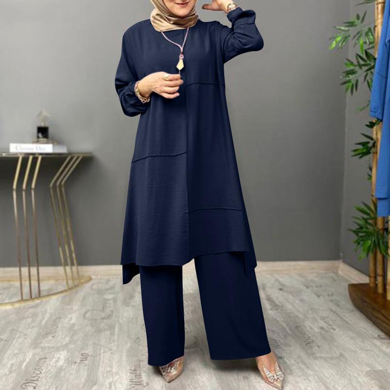 2026 Elegant Puff Sleeve Shirt & Wide Leg Pants Set for Muslim Women