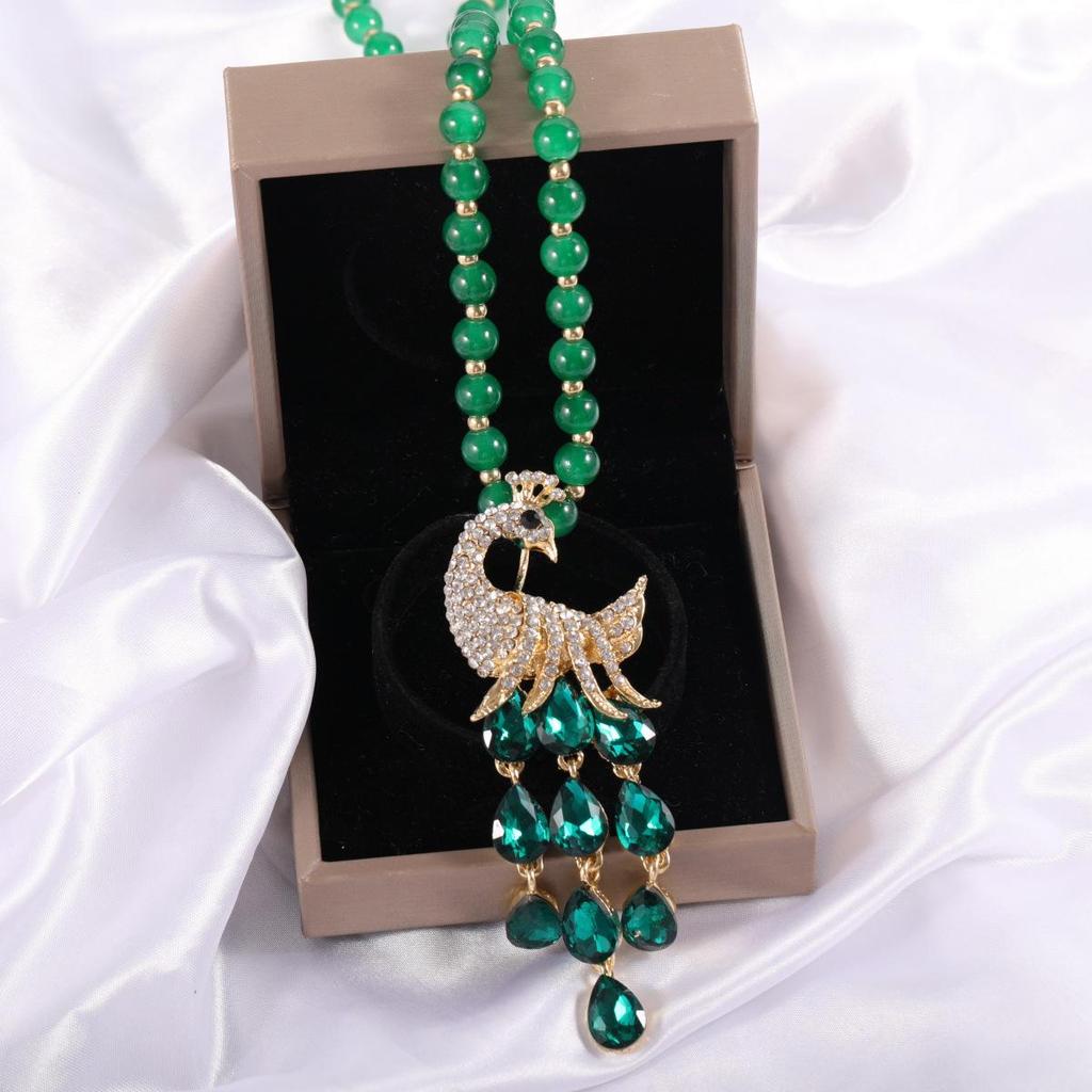 Trendy Green Bead Long Sweater Chain with Tassel Pendant - Light Luxury Necklace